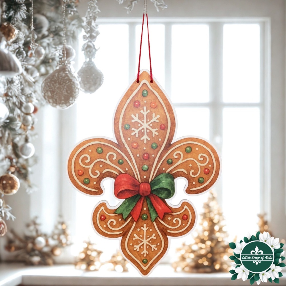 Gingerbread Fleur de Lis Bow Door Hanger Retro New Orleans Art Christmas Decor